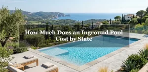 A scenic luxury inground swimming pool overlooking a beautiful valley, featuring the text overlay "How Much Does an Inground Pool Cost by State".