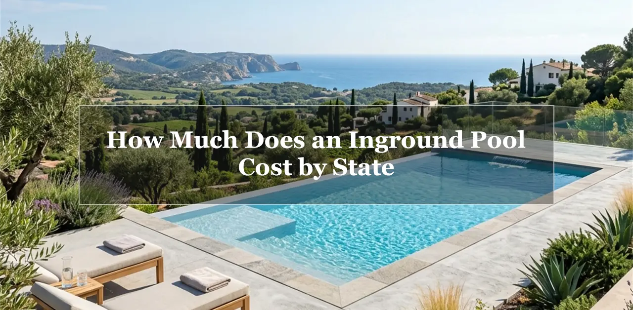 A scenic luxury inground swimming pool overlooking a beautiful valley, featuring the text overlay "How Much Does an Inground Pool Cost by State".