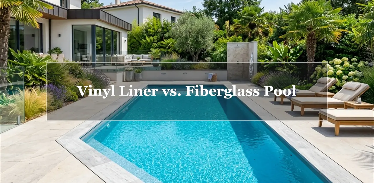 A gorgeous modern backyard pool with glossy, vibrant blue water and elegant stone deck coping, featuring the text overlay "Vinyl Liner vs. Fiberglass Pool".