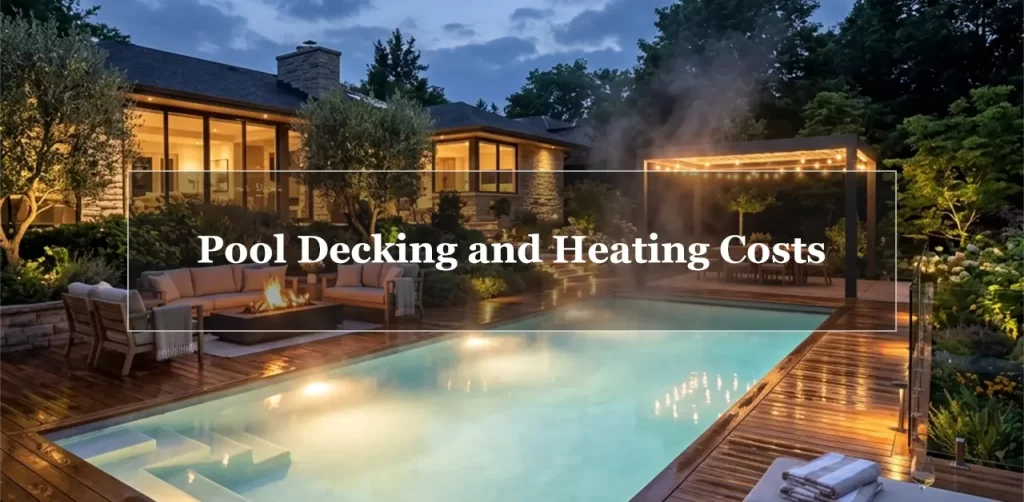 A luxurious backyard pool with beautiful cedar wood decking and soft steam rising from the warm water at twilight, featuring the text overlay "Pool Decking and Heating Costs".